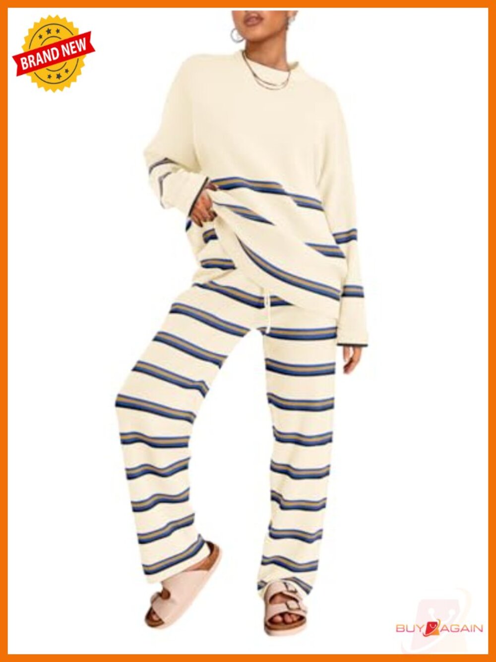 2 Piece Striped Sweater Lounge Set Women Tracksuit Batwing Sleeve High Waist
